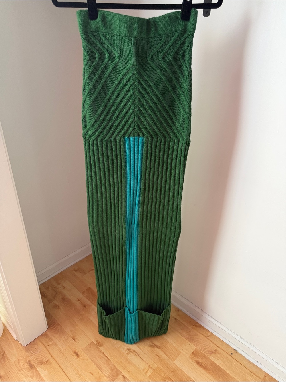 HANIFA PINK LABEL Green Ribbed Maxi Skirt with Teal Stripe
